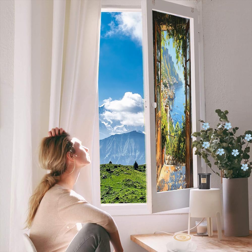 Watercolor Ocean Window Privacy Film Stained Glass Farmhouse Coastal Building Landscape Decal for Glass Decorative Stickers Adhesive Windows Sun Blocking Coverings 27.6Wx47.2L inch