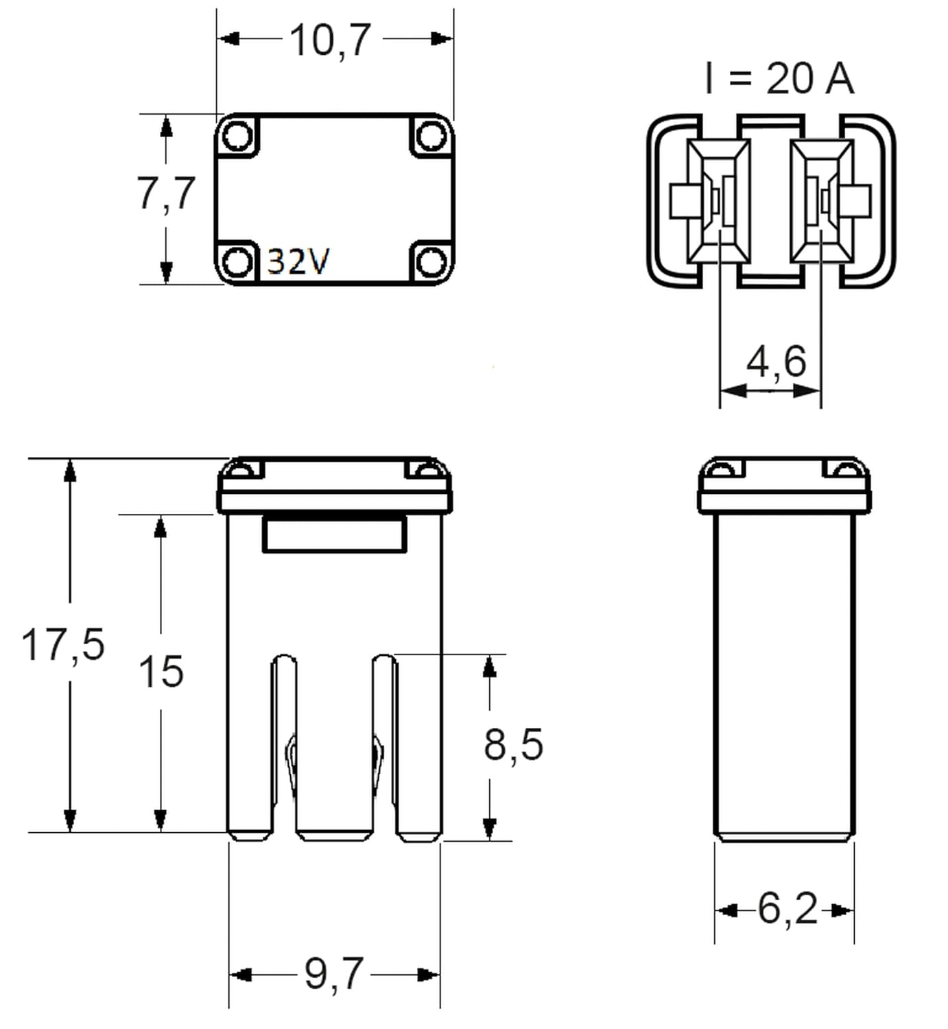 J-Case Micro Slotted Fuse, 32V/20A
