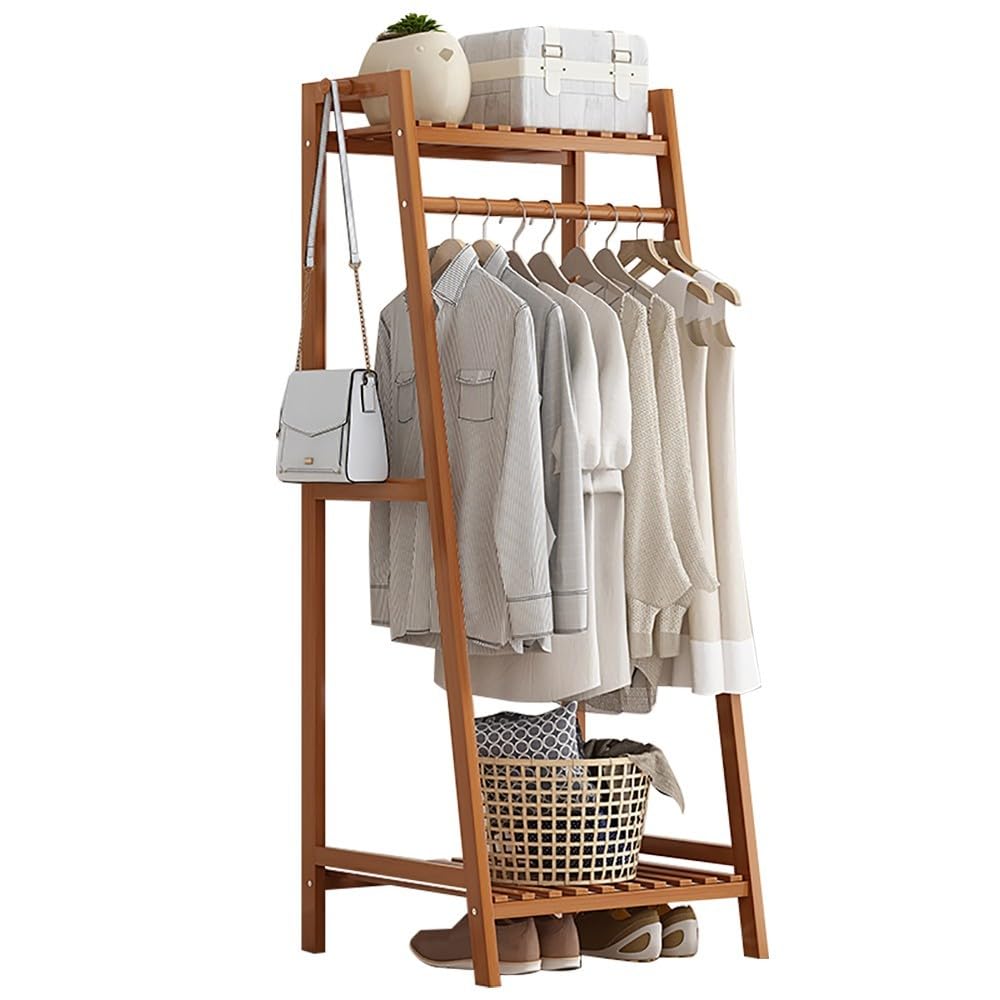 XDLEDMKIZ Bamboo Freestanding Clothes Rack with Top Shelf and Garment Rack for Bedroom and Entryway Storage