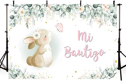 Miniatura 2 de MEHOFOND Telón de fondo de bautismo Mi Bautizo de 7 x 5 pies, Dios bendiga la primera comunión, conejito de bautizo, acuarela, rosa, floral, recién
