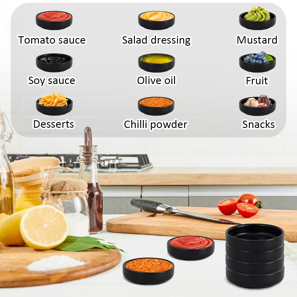 4 Stuks Dompelkommen 8,7x2,5 cm, Dipkommen Set, Ronde Sojasausgerechten, Kleine Kommen voor Dipsaus, Sojasaus Schotel, Stapelbare Sauskommen, voor Saus Ketchup Mosterd Sushi (Mat Zwart