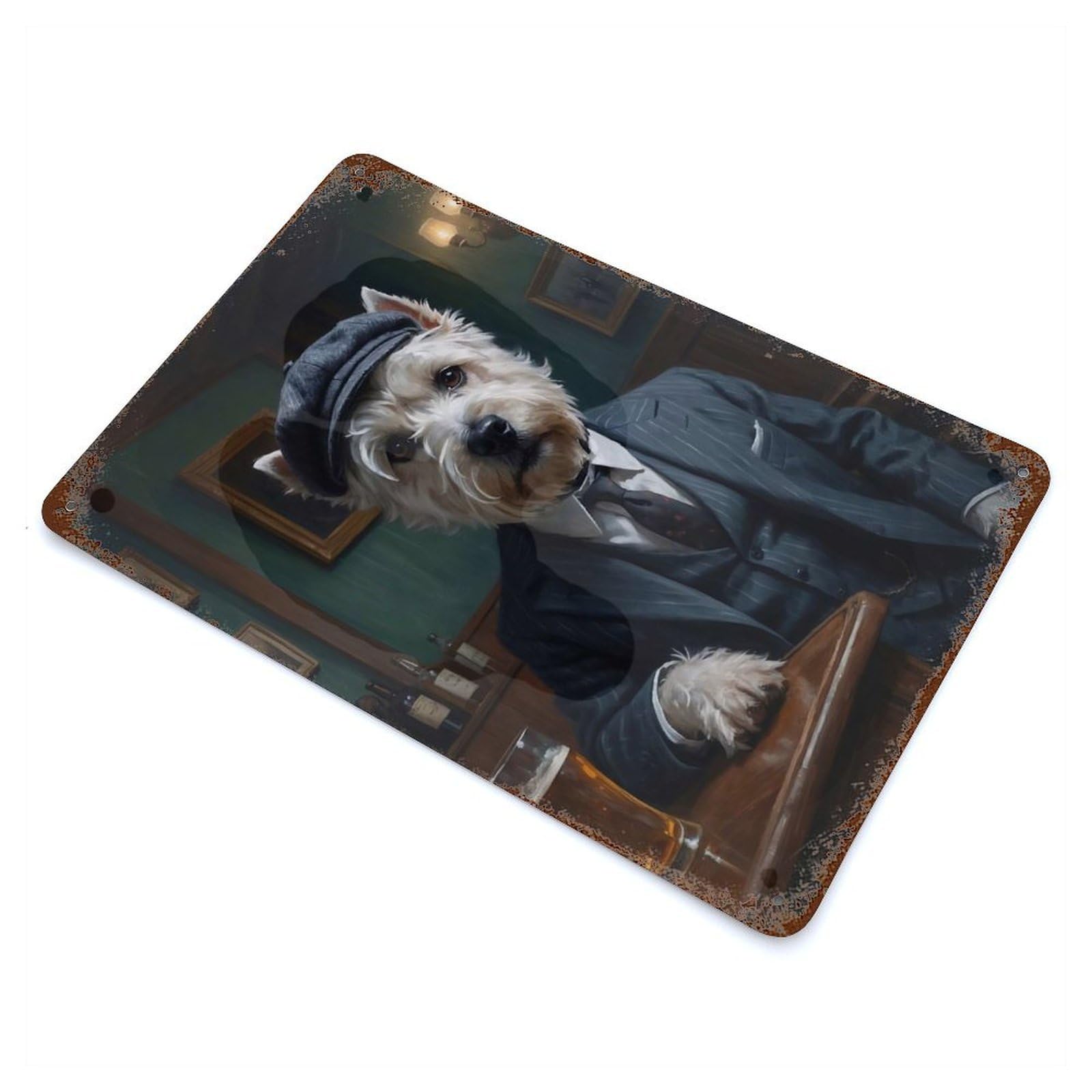 West Highland Terrier Dog in Suit at The Pub Rusty Metal Tin Sign 11.8"x7.9", Classic Wall Plaque for Pub, Kitchen And Man Cave Decor