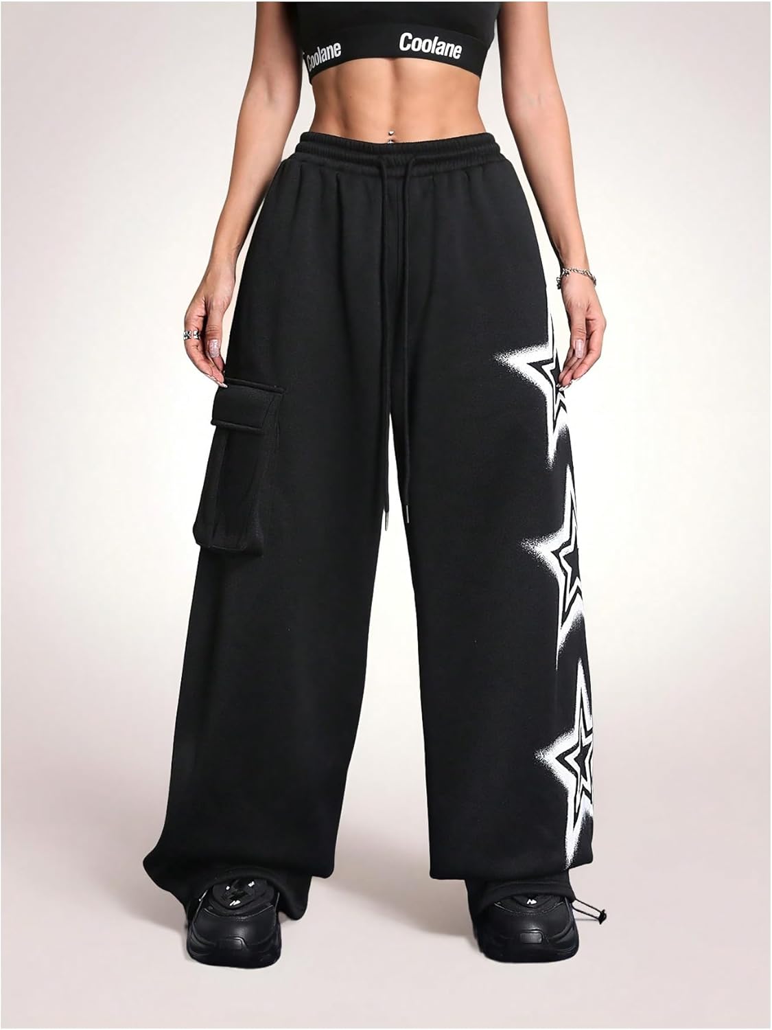 Women's Y2k Baggy Sweatpants Star Print Drawstring Elastic Waist Baggy Pants Wide Leg Fleece Lined Cargo Sweatpants - Image 3
