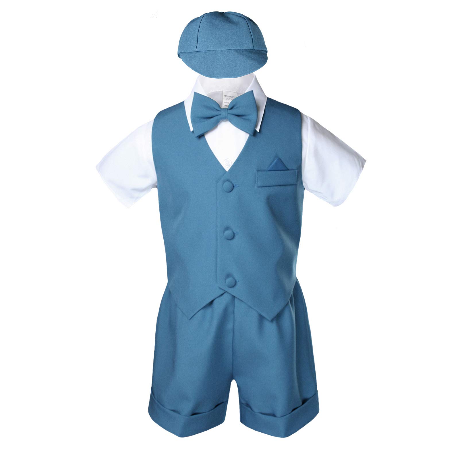 Unotux Teal Infant Boys Toddler Eton 5pc Formal Vest Shorts Set Suits Hat S-4T (3T)