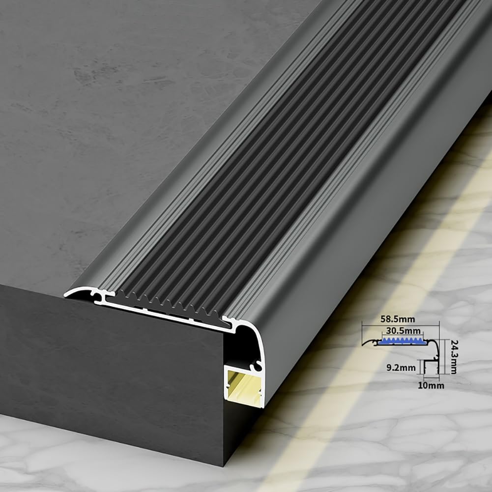 Perfil de aluminio para borde de escalera con canal LED, perfil antideslizante en forma de L para escalón interiores y exteriores, longitud 100/134 cm(Zwart,120cm/47 In)