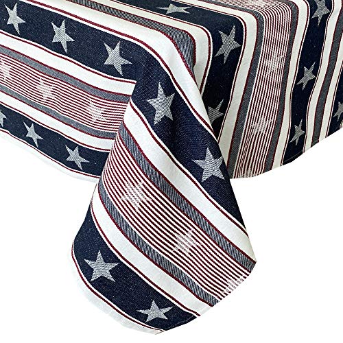 Lintex Shabby Chic Americana Stripe Cotton Weave Fabric Tablecloth, Country Rustic Red, White And Blue Stars And Patriotic Stripes Indoor/Outdoor Rustic Tablecloth, 60" X 102" Oblong/Rectangle #TOP2