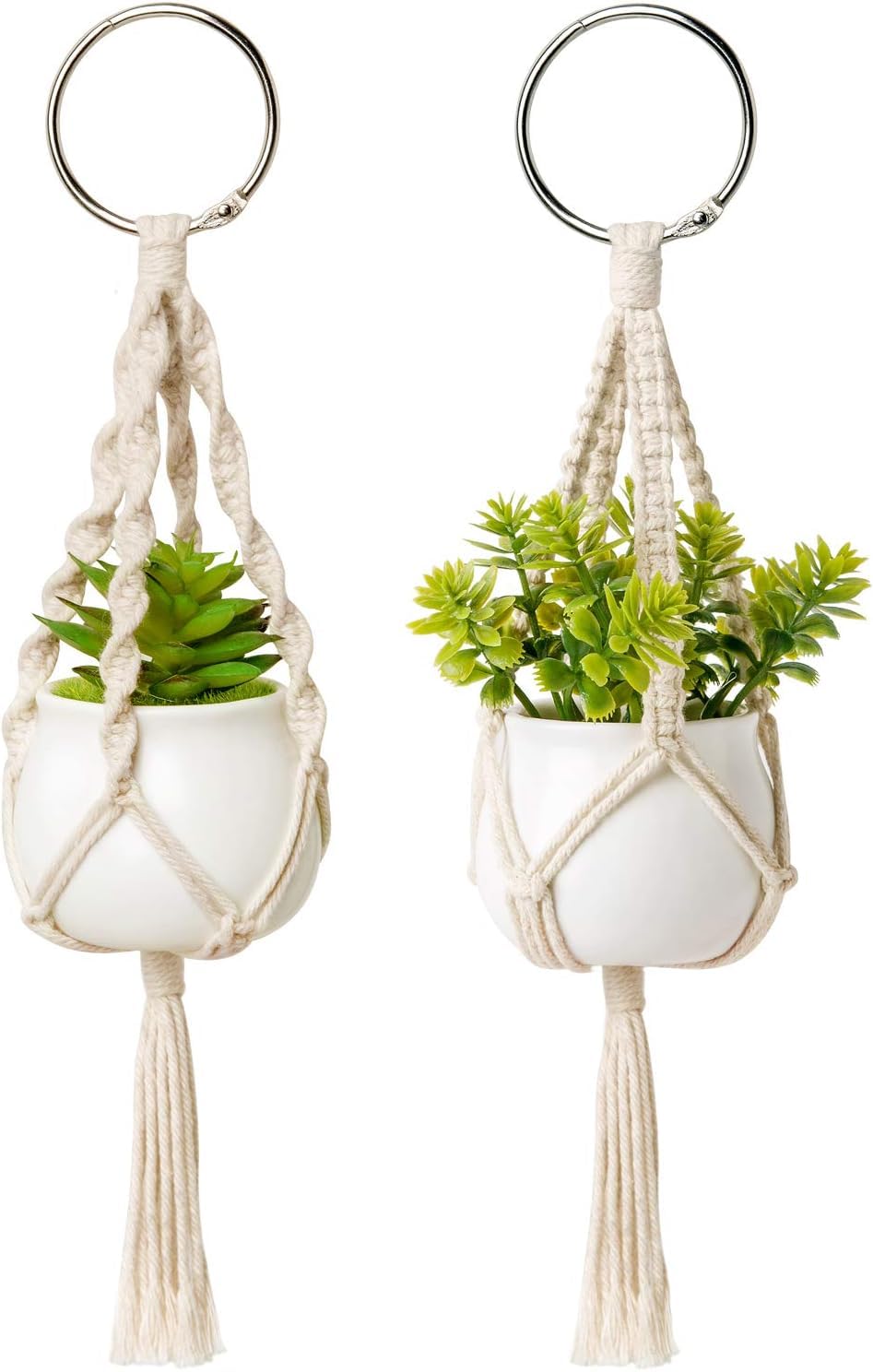 PARAH Mini Macrame Plant Car Accessories Rear View Mirrior Charm Cute Hanging,Pack of 2 | Boho Hanger with Artificial Succulent for Plant Lover Car Decor