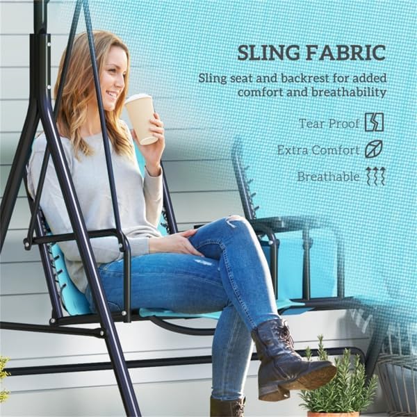 Generic 2-Seat Patio Outdoor Swing with Stand & Canopy, Pivot Storage Table, 2 Cup Holders, Canopy Porch Swing Adjustable Shading, Cushions for Patio and Backyard, Blue