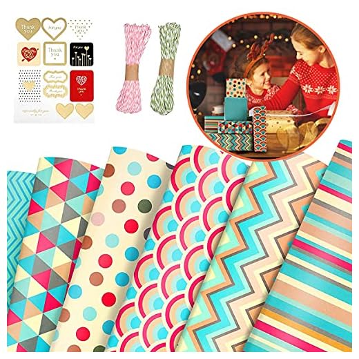 Papel Envolver,Papel Envolver Regalos,6 Hojas Papel de Regalo, Puntos,Rayas Papel De Envolver Colorido Plegadas Papel Envolver Regalos Para Cumpleaños - 50CM X 70CM