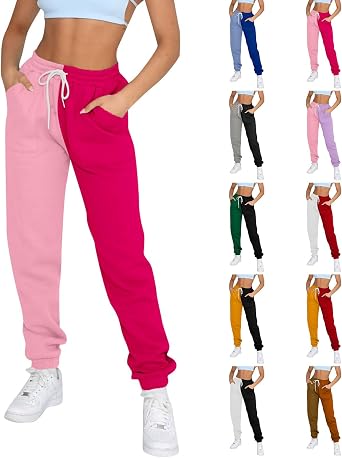 عداء للنساء Y2k Color Block Fleece Sweatpants عارضة الرباط عالية الخصر سترة رياضية مع جيوب