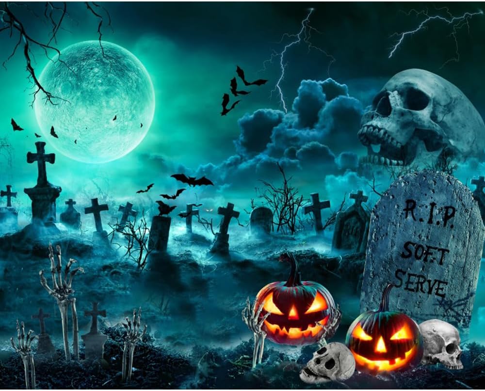 Halloween Backdrop for Party Photography 10x8ft Scary Pumpkin Cemetery Background Horror Skull Tombstone Full Moon Night Backdrop Kids Adults Halloween Party Decoration Photo Props