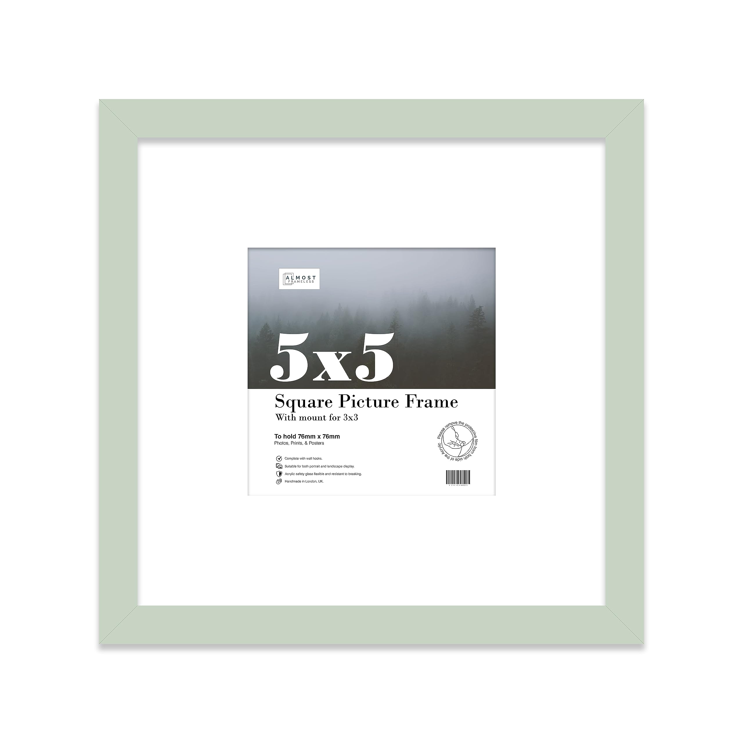 Almost Frameless 5x5 Picture Frame, Display Pictures 3X3 With Mat or 5x5 Without Mat, Wall Hanging & Free Standing Photo Frame, Mint, 1 Pack