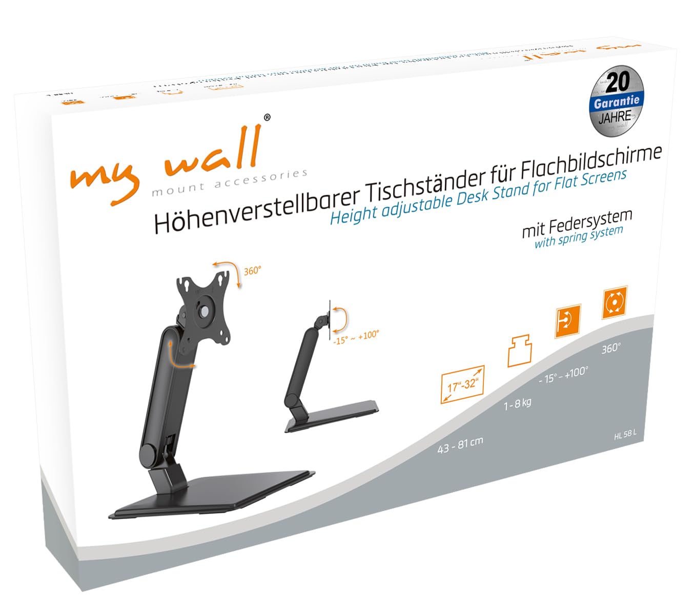 my wall Supporto per monitor regolabile in altezza – HL58L, meccanismo a molla, supporto per monitor, regolabile in altezza, inclinabile, regolabile orizzontalmente, monitor touchscreen