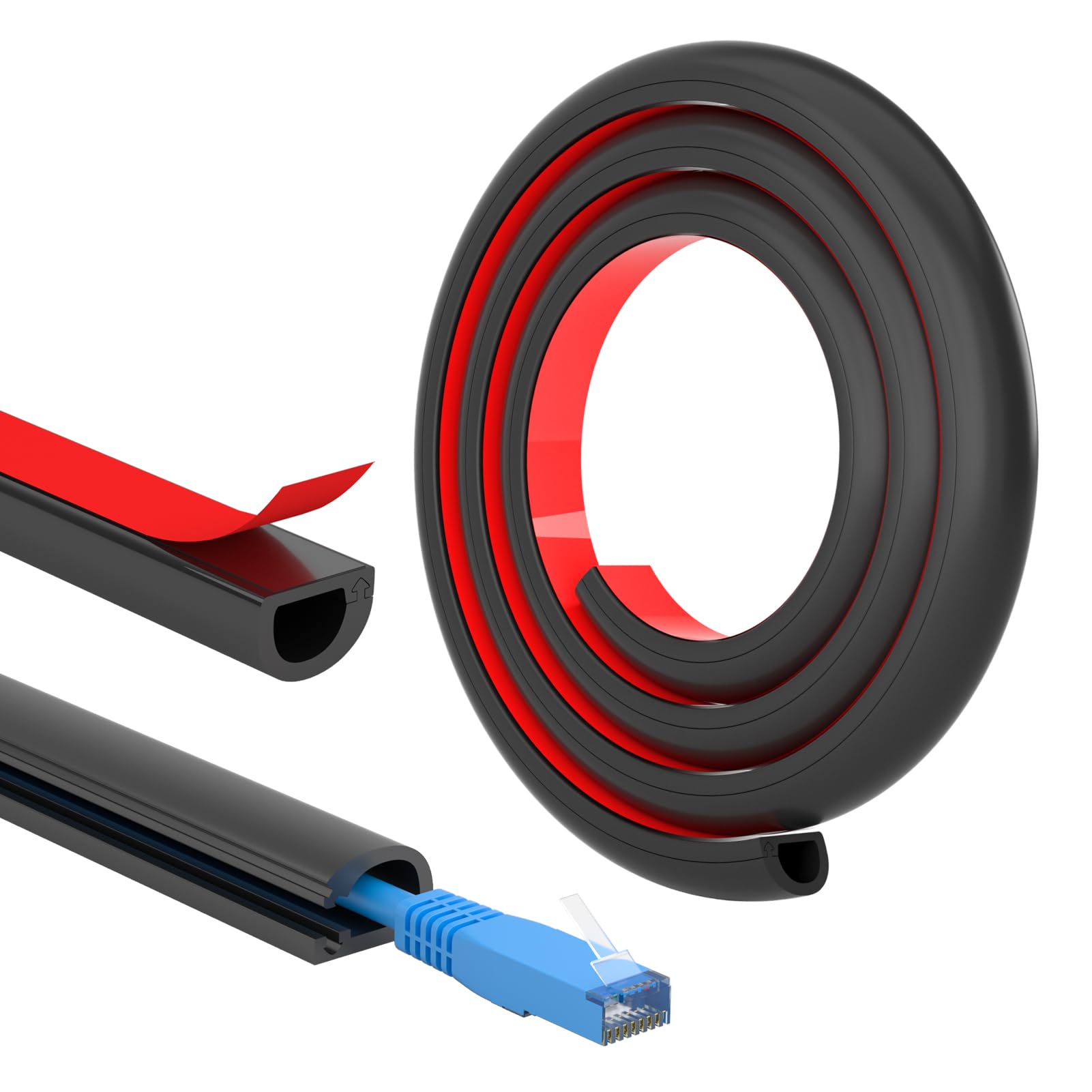 FIXCHORD Kabelkanal Selbstklebend, Kabelkanal Klein, Kabelbodenabdeckung, Halbrunde Kabelführungen, Flammhemmend, Lackierbar, Kabelkanäle für Haushalt, Büro - 15x10 mm x 1m Länge - Schwarz