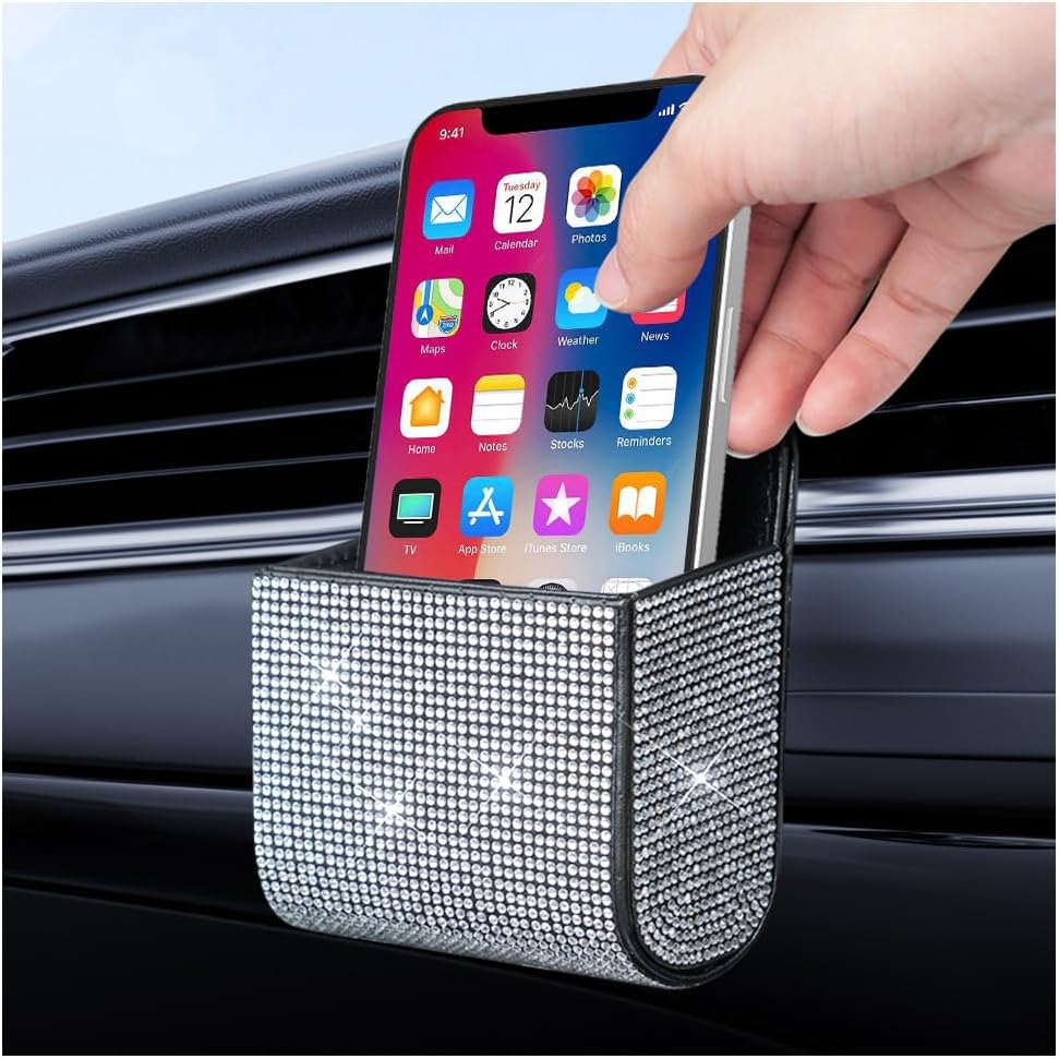 Salior Rhinestone Vent Storage Organizer, Leather Pocket, Bling Accessories for Women or Man, Multipurpose Sunglass and Coin Holder for Car Decorations, Black