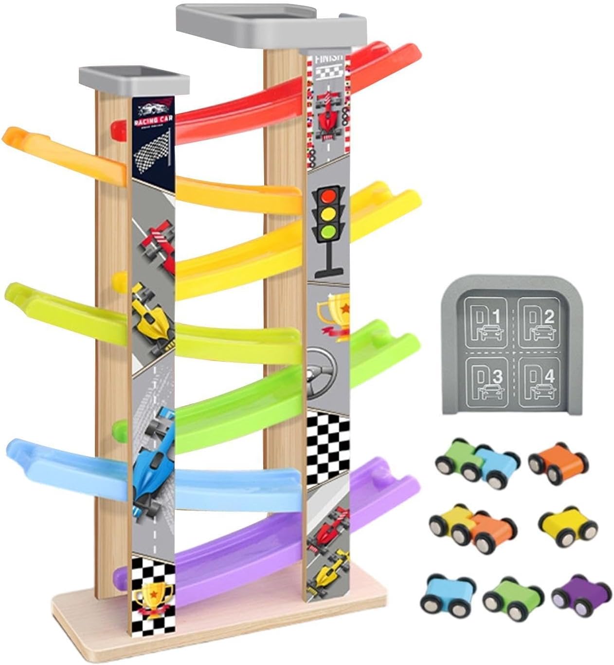 Car Ramp Toy,Wooden 7-Level Learning Toys,Kids Car Ramp Racer Playset | for Boys Girls Indoor Outdoor Home School Preschool Playroom Garden Birthday Party