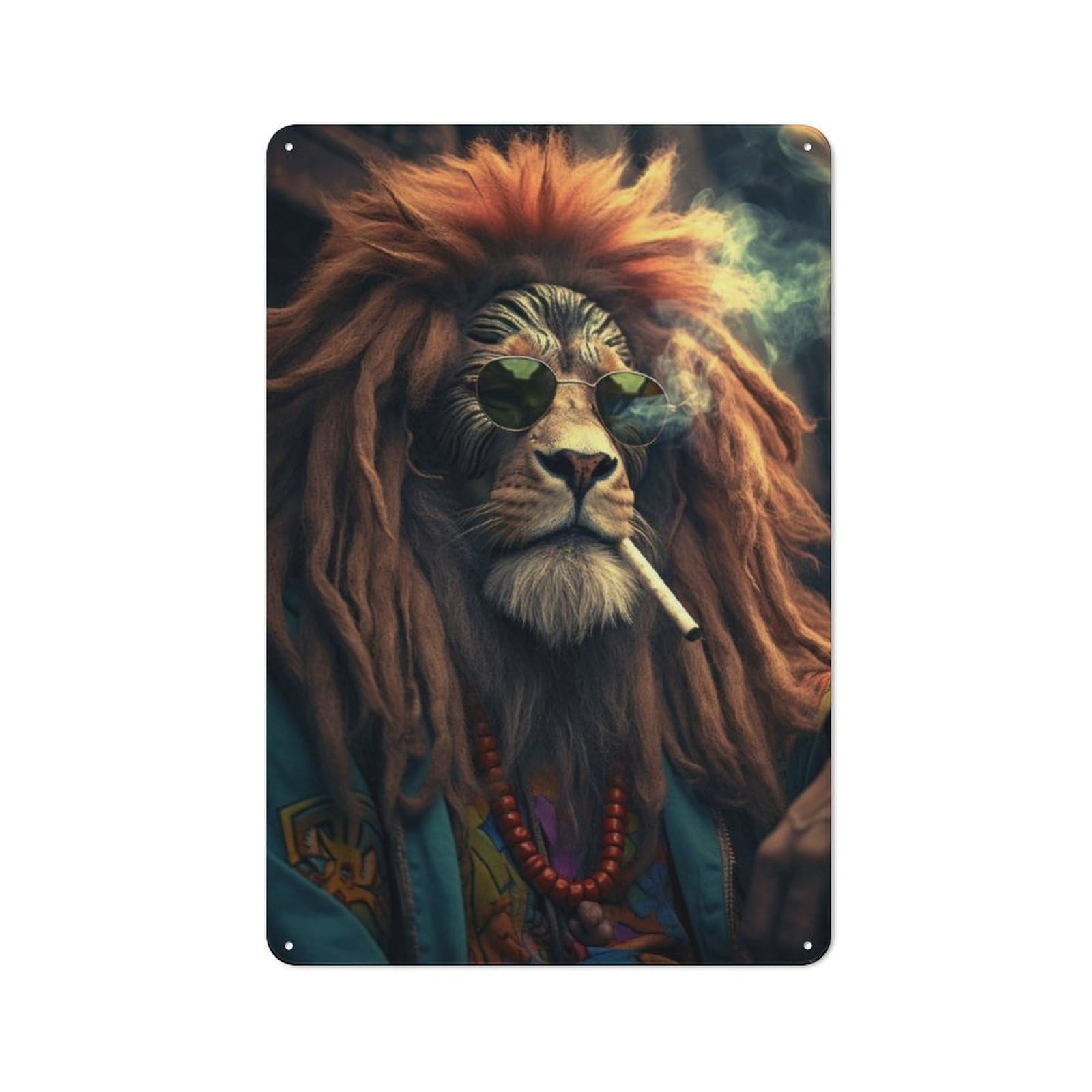Hippie Lion Smoking Retro Metal Wall Decor 30x20cm, Decorative Tin Plaque for Pub, Home Bar, Shed Or Man Cave