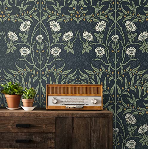 Nextwall Stenciled Floral Peel And Stick Wallpaper (Navy & Sage) #TOP3