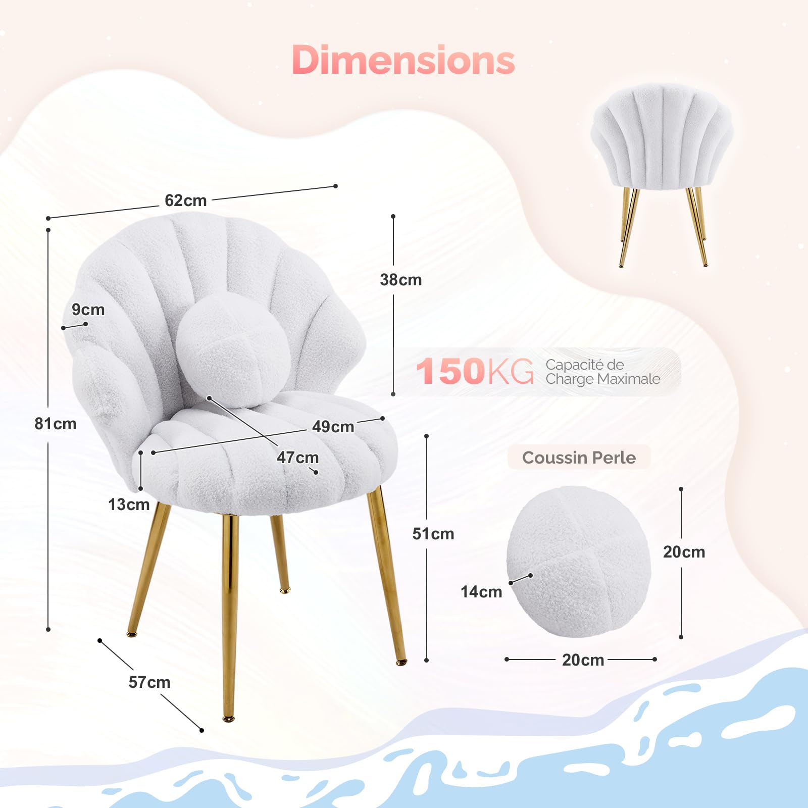Bonnlo Fauteuil Salon avec Dossier Coquillage, Fauteuil de Maquillage Mignon, Chaise Coiffeuse Élégante, Siège de Salon avec Coussin Perle, Fauteuil Coiffeuse pour Salon, Chambre, en Teddy, Blanc