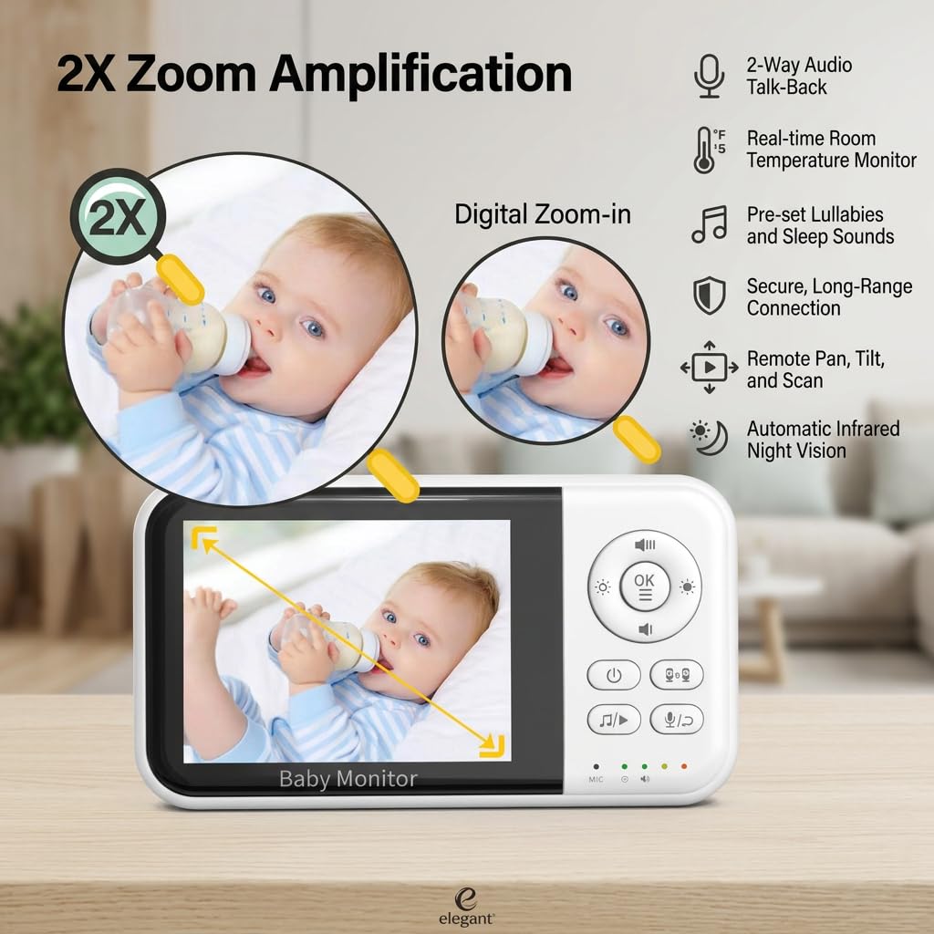 Baby Monitor con fotocamera e audio, display LCD da 3,2 pollici, visione notturna, sensore di temperatura, conversazione a 2 vie, ninne nanne, promemoria alimentazione, modalità ECO, connessione