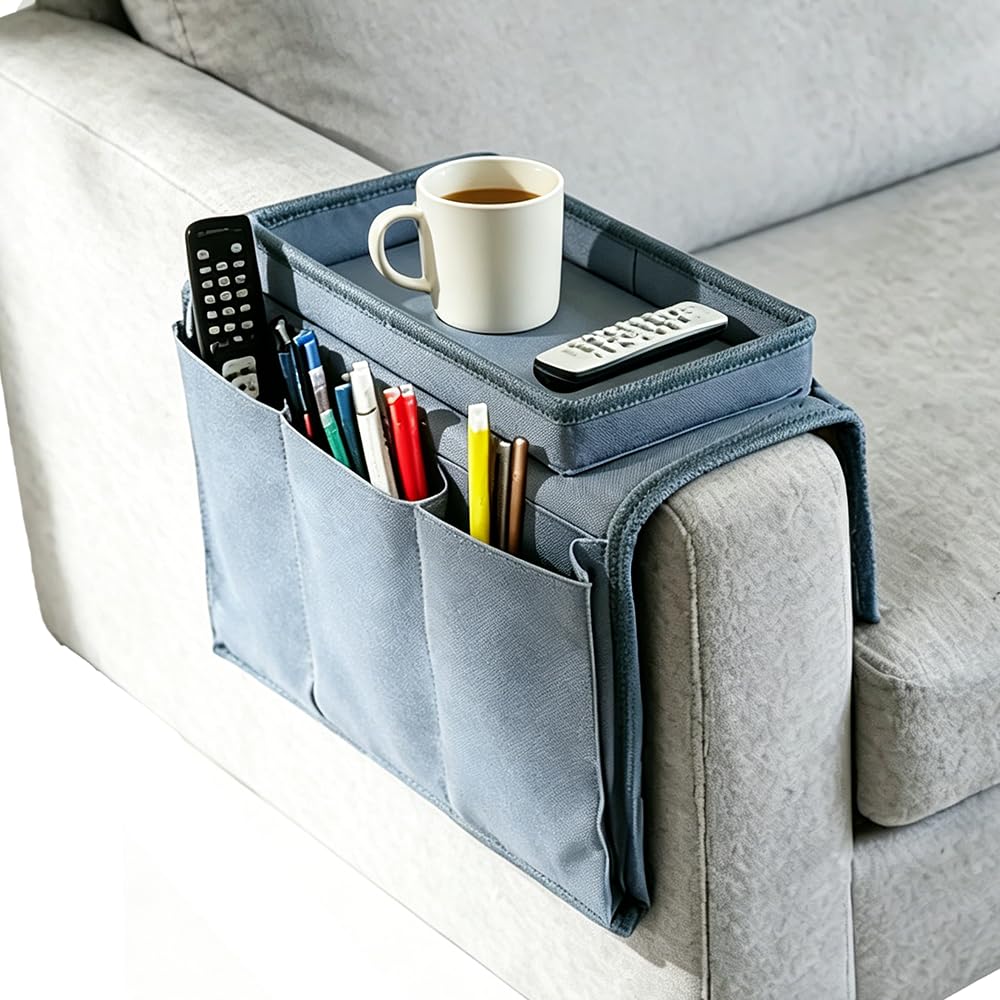 Organizador de reposabrazos con bandeja para tazas, sofá Caddy TV, soporte de almacenamiento teléfono móvil, tabletas, revistas, libros, gafas, cables, bebederos, aperitivos, bolsa de soporte