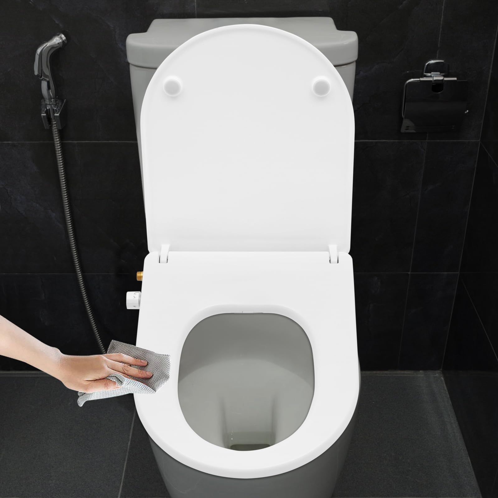 Coperchio WC con doppio ugello per bidet, sedile WC a forma di O, con spray ad acqua, design a bottoni, modalità risciacquo e preriscaldamento, bianco