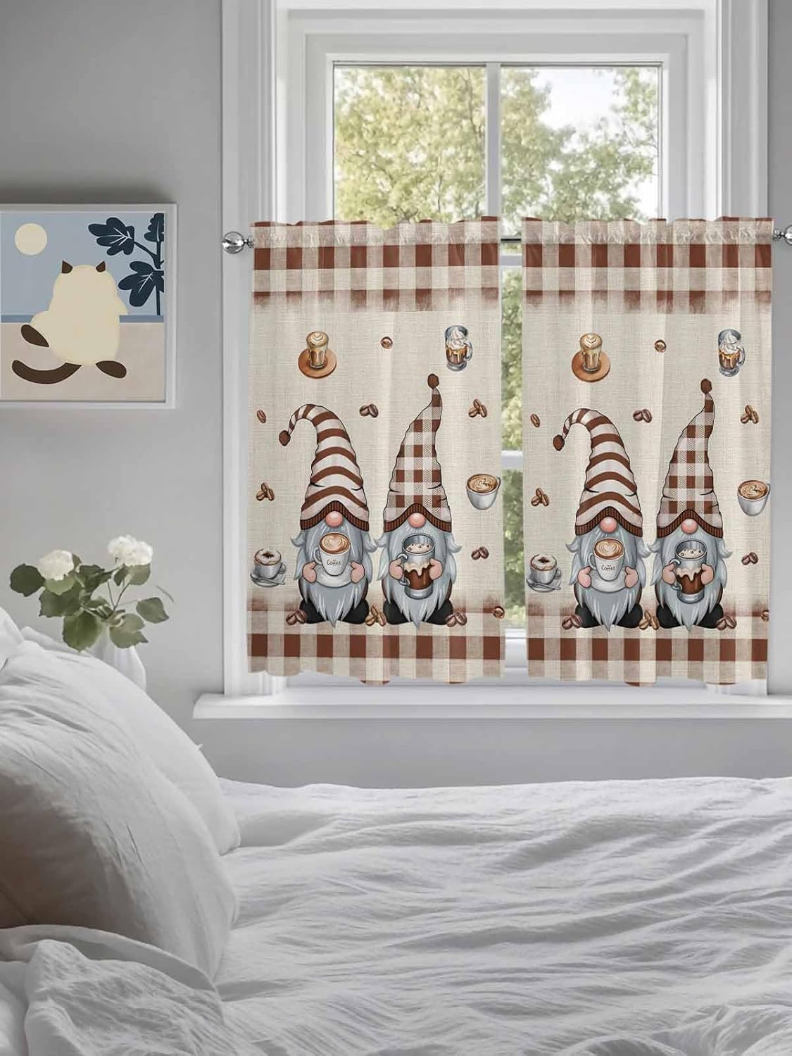 Gnomes Coffee Kitchen Curtain 2 Panels Curtains 45 Inch Length, Vintage Brown Buffalo Plaid Stripes Curtains Rod Pocket Curtains Window Drapes Treatment Window Cafe Curtains 84x45