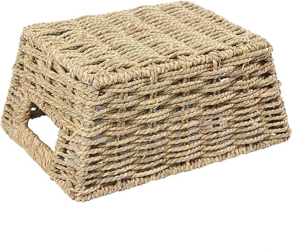 Small Seagrass Storage Basket, Natural Rectangular Decorative Home Organizer Bins with Both-side Handles for Farmhouse, Bathroom, Bedroom.