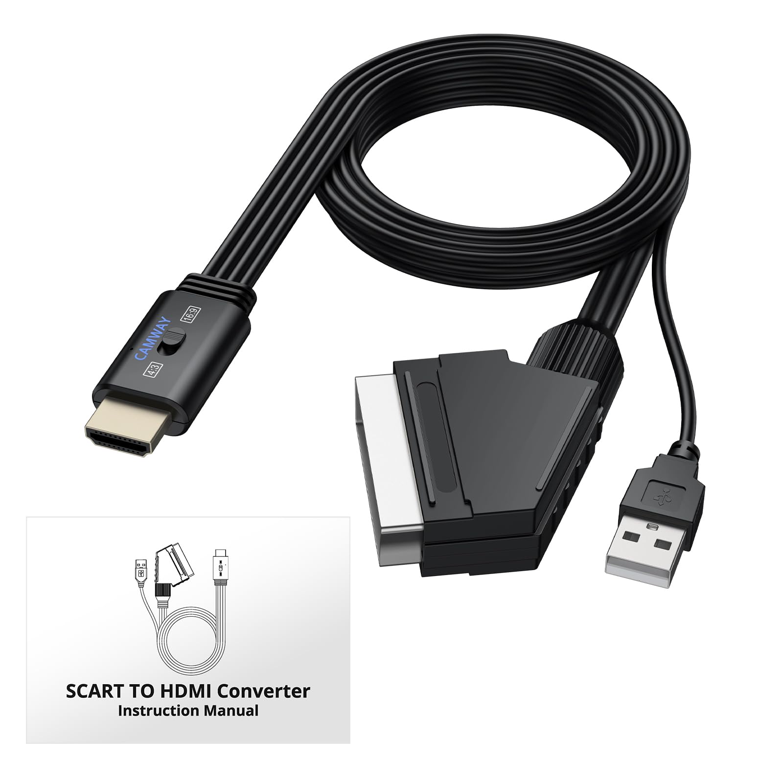 CAMWAY Adaptador SCART a HDMI con Switch 16:9/4:3, 1080P Convertidor Euroconector a HDMI con 150CM Cable SCART Macho Integrado, Diseño de Cable Todo en Uno, Compatible con PAL NTSC para DVD VCR VHS — view 7