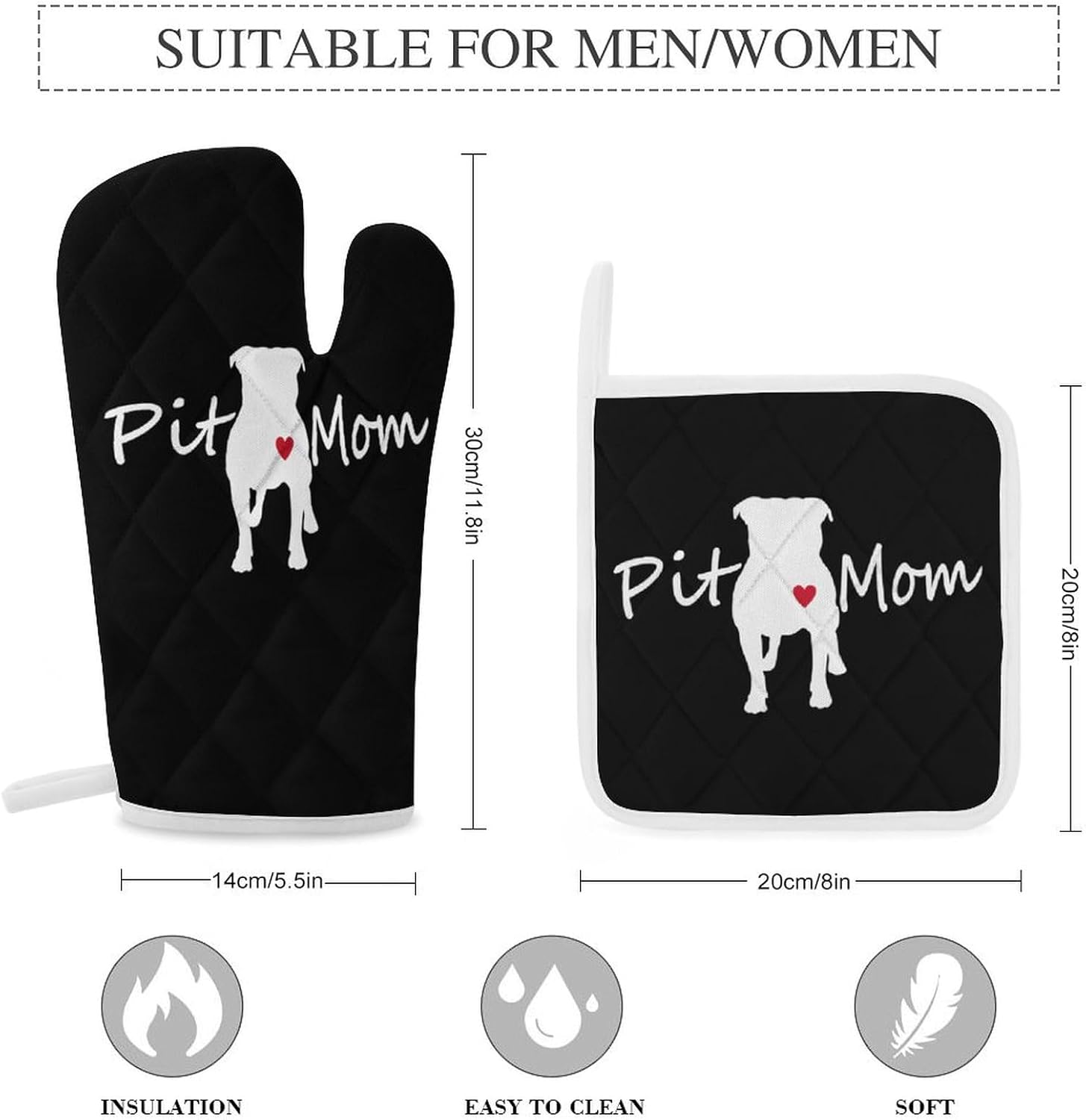 Pitbull Mom Print Oven Mitts and Pot Holders 3 Piece Sets Heat Resistant Gloves Hot Pads Potholders for Kitchen Baking Cooking