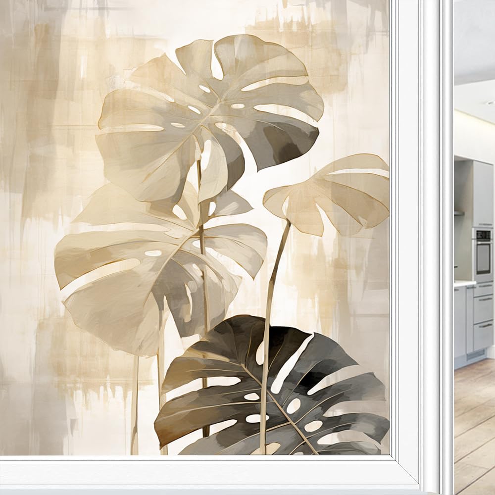 Fyfmushe Watercolor Leaves Window Privacy Film, Vintage Tropical Plant Frosted Stained Glass Window Film Decorative Static Cling For Glass For Home 80X140 Cm