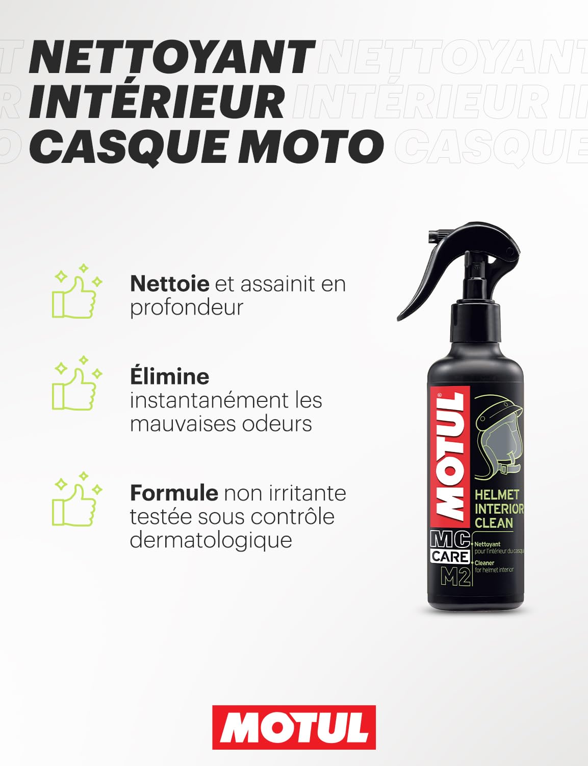 Motul - Kit de Nettoyage Casque Moto - Nettoyant Extérieur Casque et Visière Moto + Nettoyant Intérieur + Chiffon en Microfibre - MC Care Helmet & Visor Clean M1 - MC Care Helmet Interior Clean M2