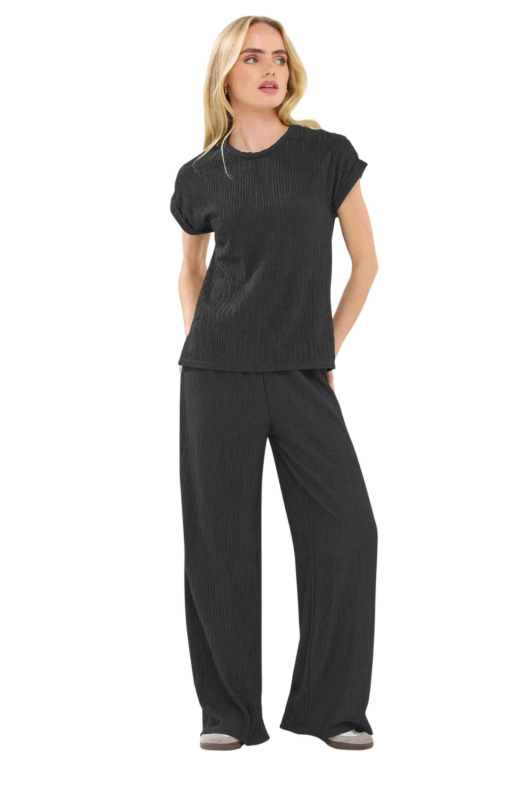 Pixiegirl Women's Black Petite Wide Leg Textured Trousers Petite