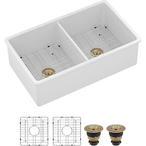 Sarlai 32 Inch White Fireclay Undermount Kitchen Sink Porcelain Double Bowl 50/50 Split Sinks Dual Mount Ceramic Sink Under Counter with Gold Drainer, 32"x19“x10"
