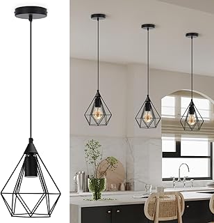 Black Pendant Light Fitting with Shade, Aigostar Cage Pendant Light, E27 Metal Wire Basket Light Pendant, Industrial Ceiling Pendant, Adjustable Cage Ceiling Lighting, Hanging Lights for Kitchen