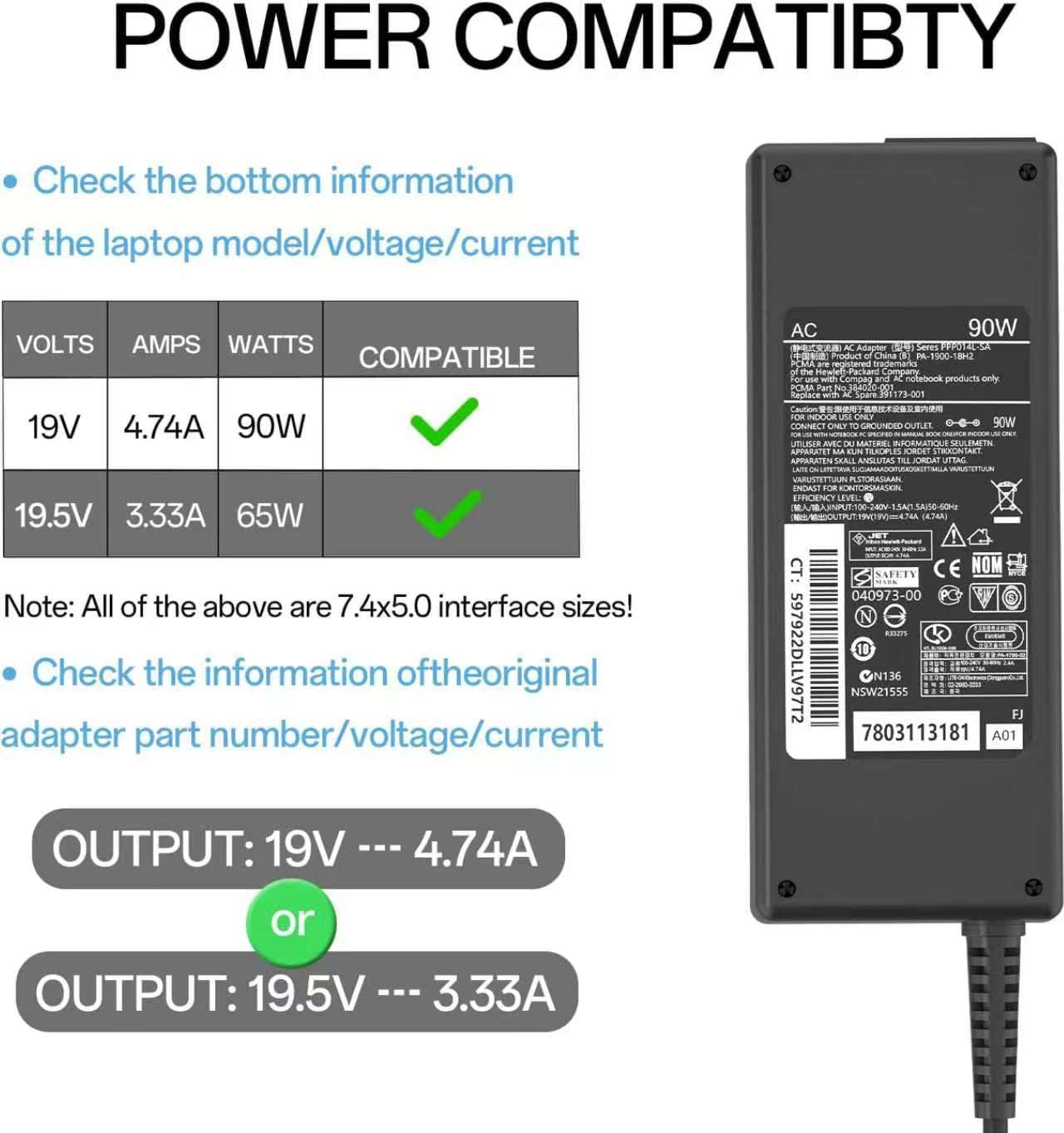 Cargador de laptop de 90 W, 19 V, 4,74 A CA, apto para HP