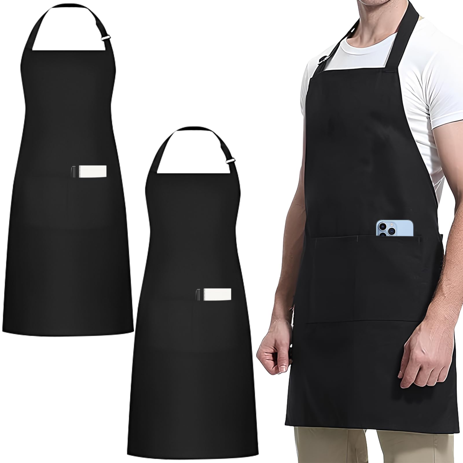 2 Pcs Chef Delantal, Negros Ajustable Delantales con 3 Bolsillos, Delantal de Barbacoa Impermeable, Delantal de Cocina para Hombres y Mujeres, Cocinar, Restaurante, Café, Hornear, Jardín