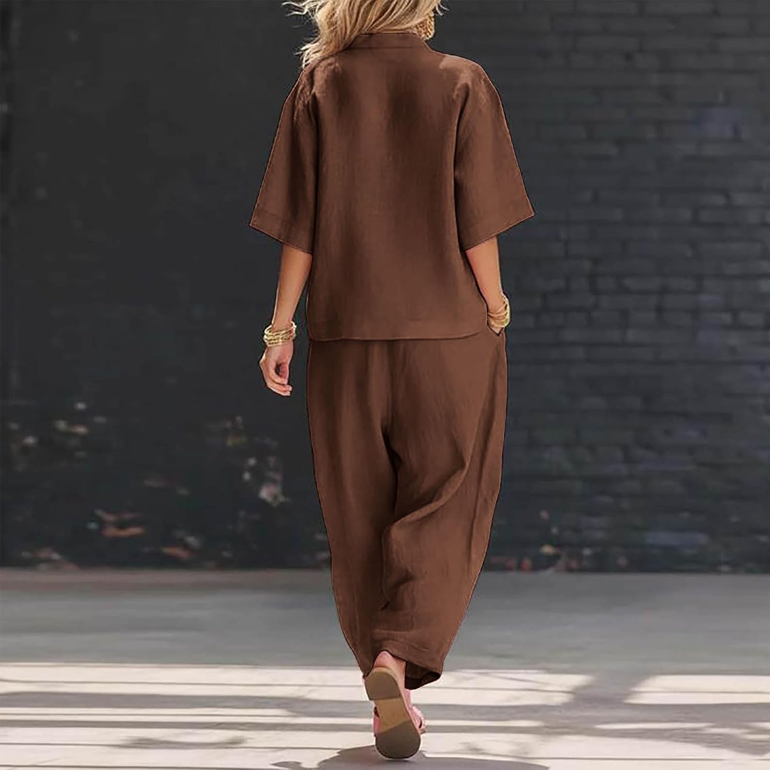 Womens Cotton Gauze Loungewear Sets Casual 2 Piece Outfits 3/4 Sleeve Button Down Shirt and Wide Leg Pants Outfits