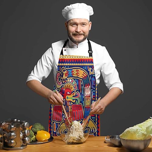 Miniatura 3 de HOSNYE Delantal Quetzalcóatl Delantal Ornamental Estilo Étnico Babero de Cocina con Cuello Ajustable para Cocinar Jardinería, Tamaño Adulto, Multid08