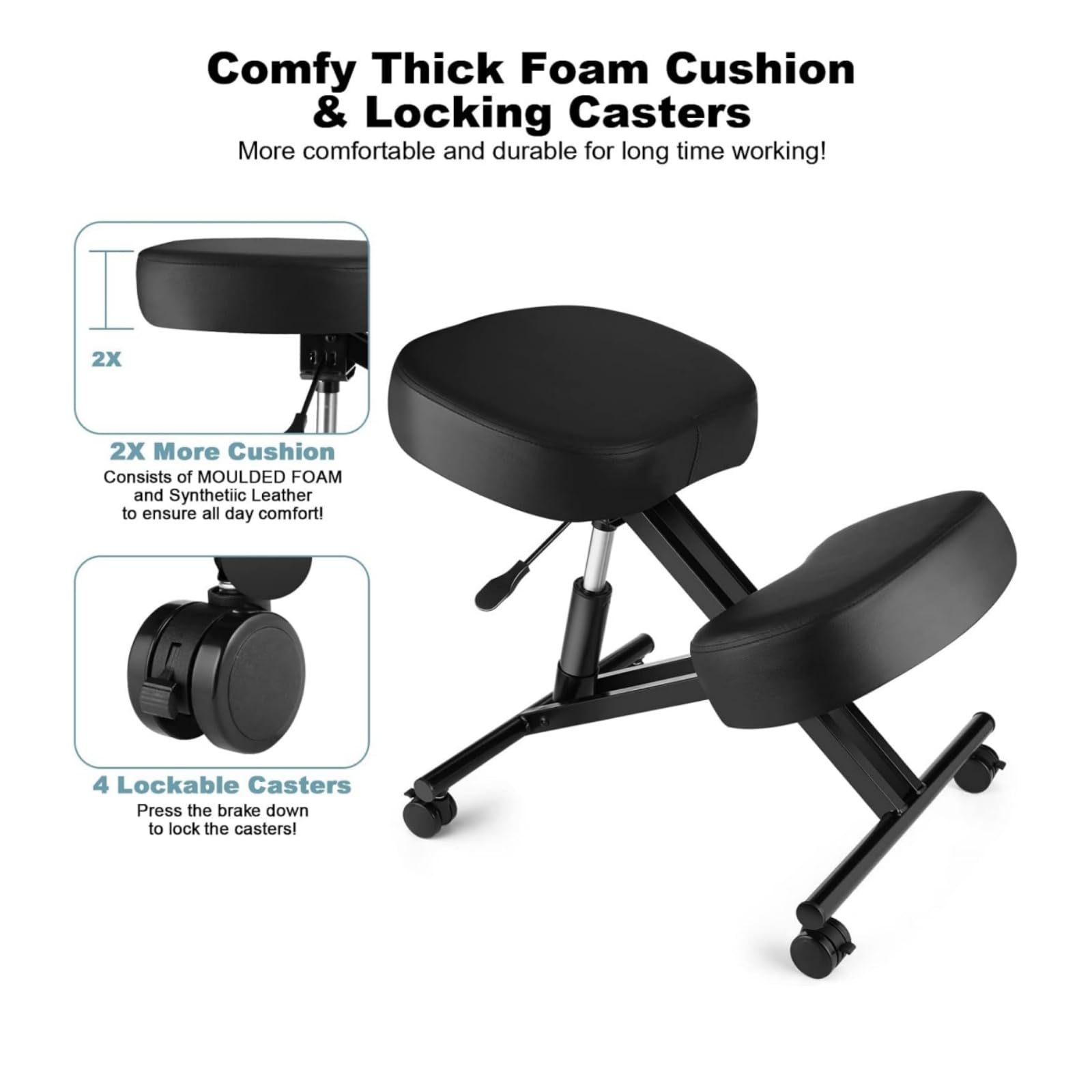 Chaise genoux, ergonomique, repose-genoux, tabouret de bureau, hauteur réglable, avec roulettes, améliore votre posture avec un siège incliné - Coussin épais et confortable - Noir