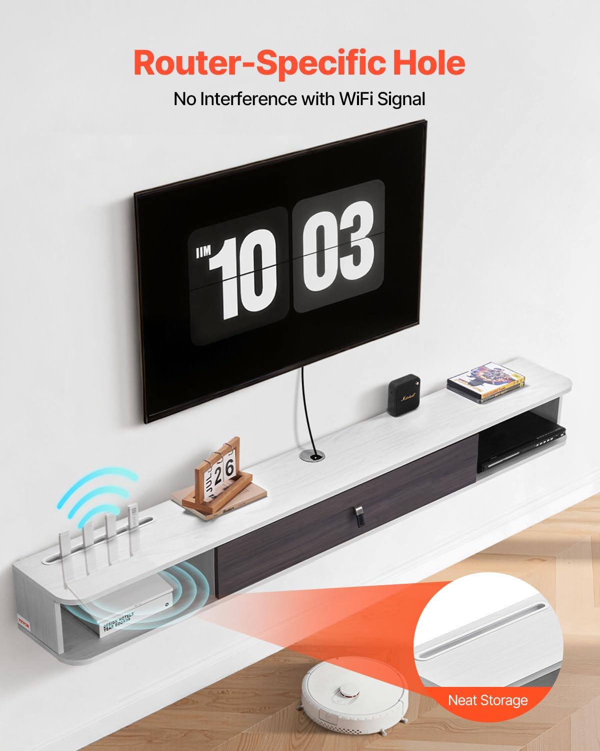 VEVOR Modern Floating TV Stand, 71'' Wall Mounted Media Console for 80 inch TVs, Floating Entertainment Center Under TV Shelf with Storage Cabinet for Bedroom & Living Room, White