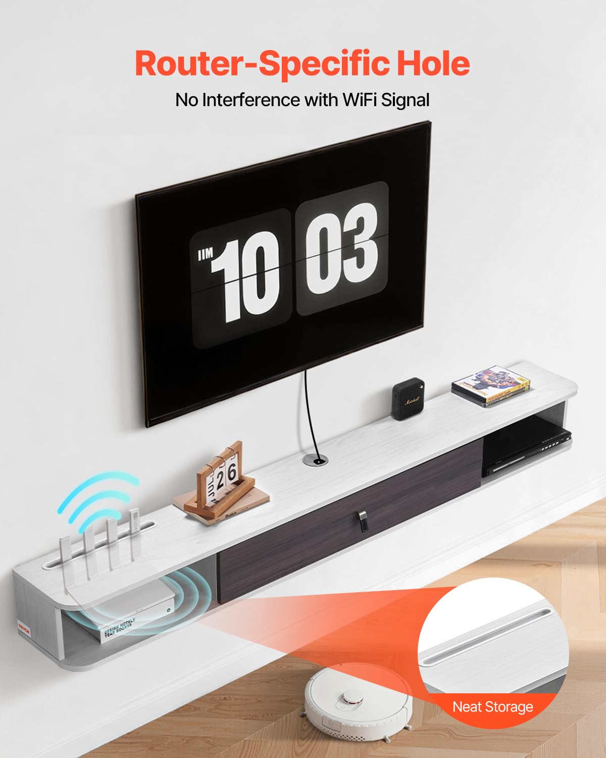 VEVOR Mobile TV Sospeso a Parete con Foro per Cavi, Mensola TV Galleggiante con Spazio di Archiviazione, per Lettore DVD, Console di Gioco, Capacità 52 kg, Bianco, 1800 x 236 x 160 mm