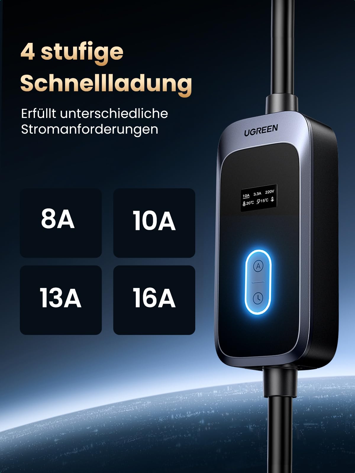 UGREEN Tragbares EV Ladegerät, 3,68KW tragbare EV-Autos Heim-Ladestation 16A EV Ladekabel, EV-Autoladegerät mit Bildschirm für Allen Elektrofahrzeugen, 5 Meter