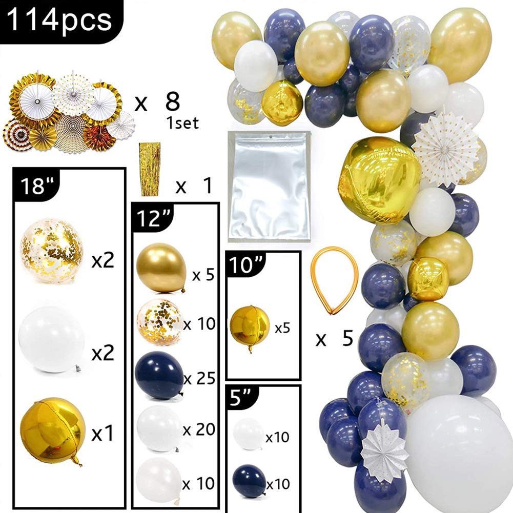 Kit de guirnalda de globos azul marino y dorado, 114 piezas de 8 abanicos de papel, borla dorada, globos de confeti gigantes, globos dorados 4D, para decoraciones de fiesta de oro azul marino