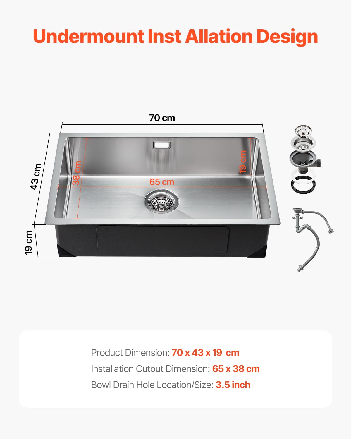 VEVOR Lavello da Cucina da 70 cm Lavello Sottopiano in Acciaio Inossidabile 304, Vasca Singola da Incasso Stile Rustico con Accessori, Lavello per Uso Domestico per Camper, Cucina di Preparazione, Bar