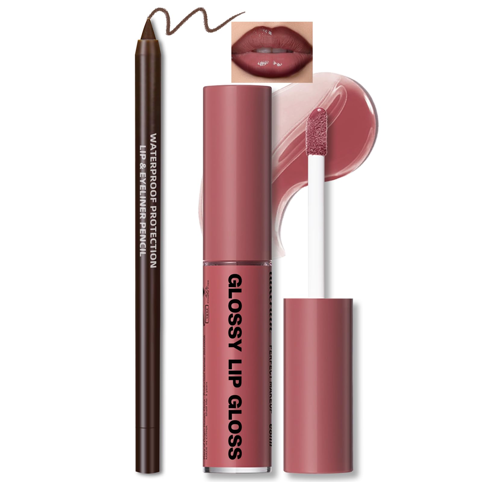 Nourishing Lip Gloss Moisturizing High Shine Fresh Lightweight Glossy Plumping Lip Combo for Women, Long Wear Lip Glow Oil with Brown Lip Liner Set Non-Sticky Liquid Lipstick Makeup#12