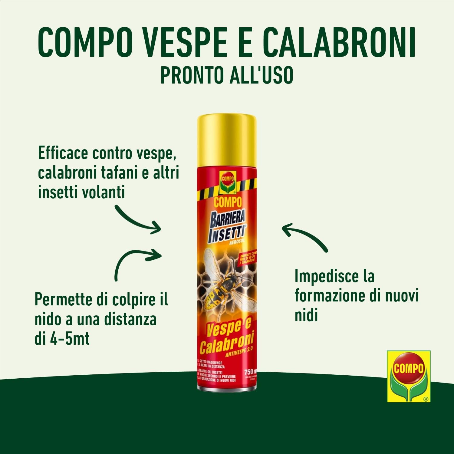 COMPO DURACID Barriera Insetticida Spray per Vespe e Calabroni, Eliminazione Efficace dei Nidi, 750 ml