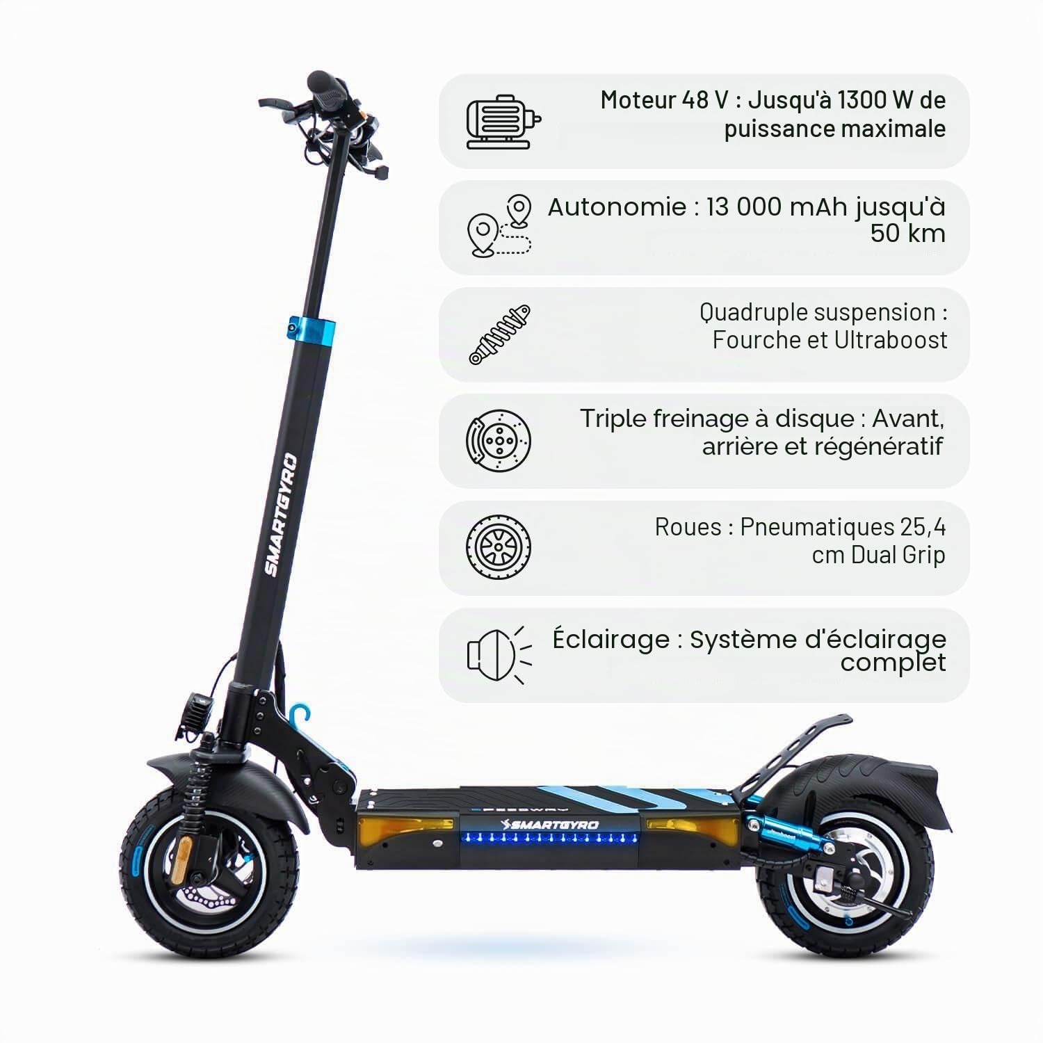 SMARTGYRO, Trottinette Électrique Speedway, avec Suspensions, Triple Freinage, Certificat DGT, 2e Génération, Roues à Double adhérence de 10", 48V, Batterie de 800W et 13Ah, 50km d'Autonomie