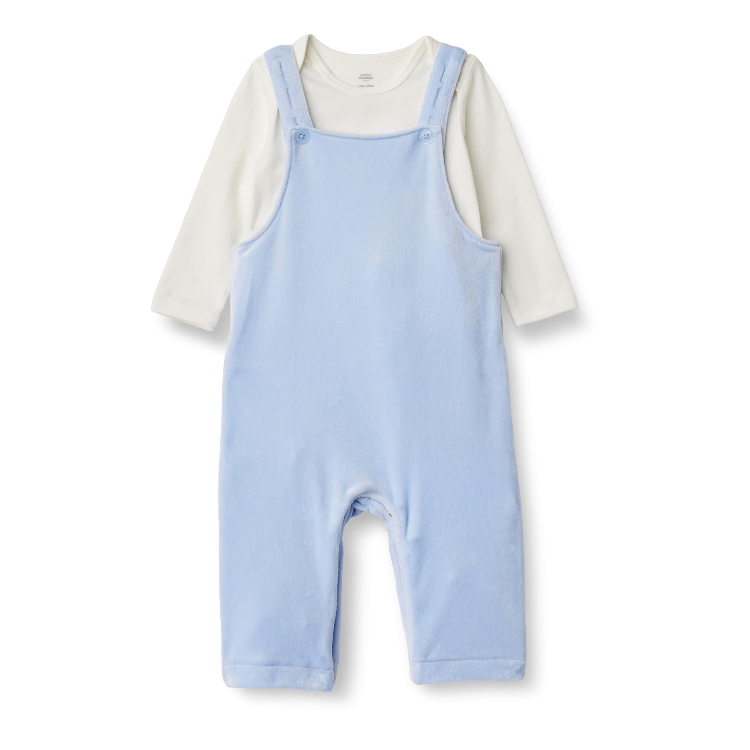 Amazon Essentials x Sofia Grainge Unisex Baby Velours-Overall und langärmeliger Body im Set, 2er-Pack, Elfenbein/Hellblau, 12 Monate