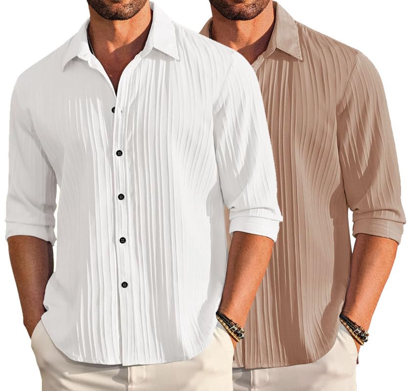 Image of DEELMO Combo of Men's Casual Button Down Shirts Long Sleeve Linen Shirt Fashion Textured Summer Shirts Pack of 2